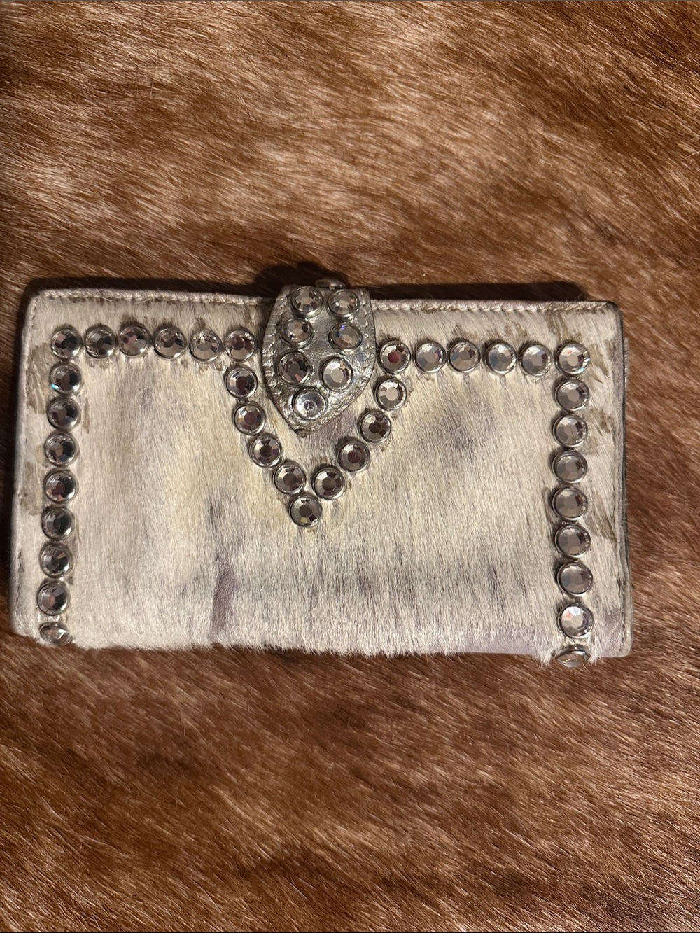 Raviani Crystal Studded Haircalf Wallet Clutch in Cream with Crystal Accents